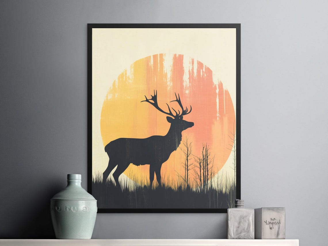 Stag Silhouette Before Giant Setting Sun Minimalist Nature Poster - Image 2