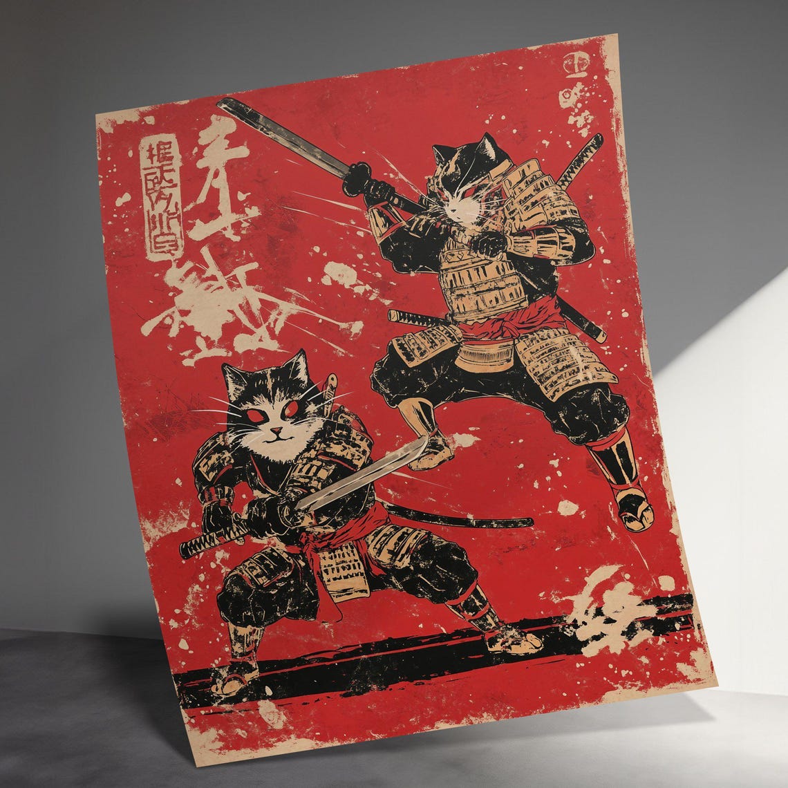 Samurai Cats Duel Katanas Red Vintage Japanese Warrior Wall Art Poster - Image 3