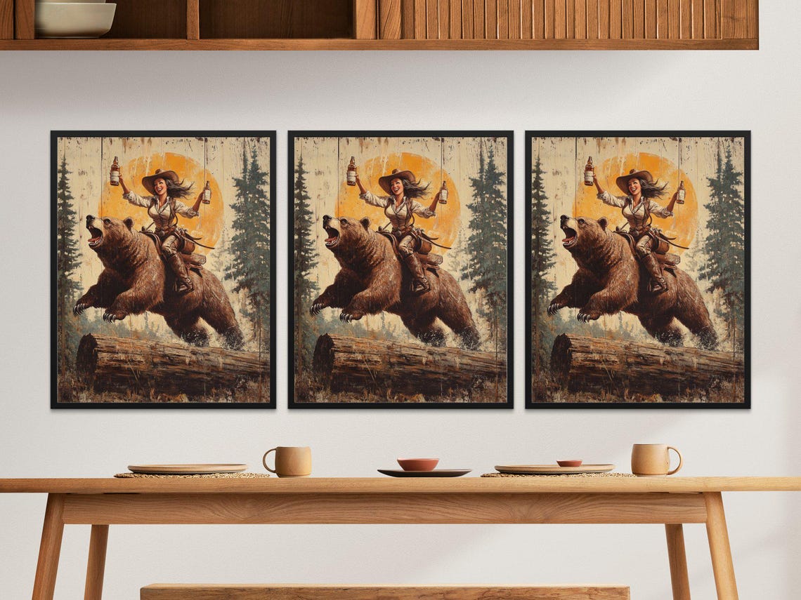 Wild West Cowgirl Riding Roaring Bear Double Bottle Sunset Poster - Image 2