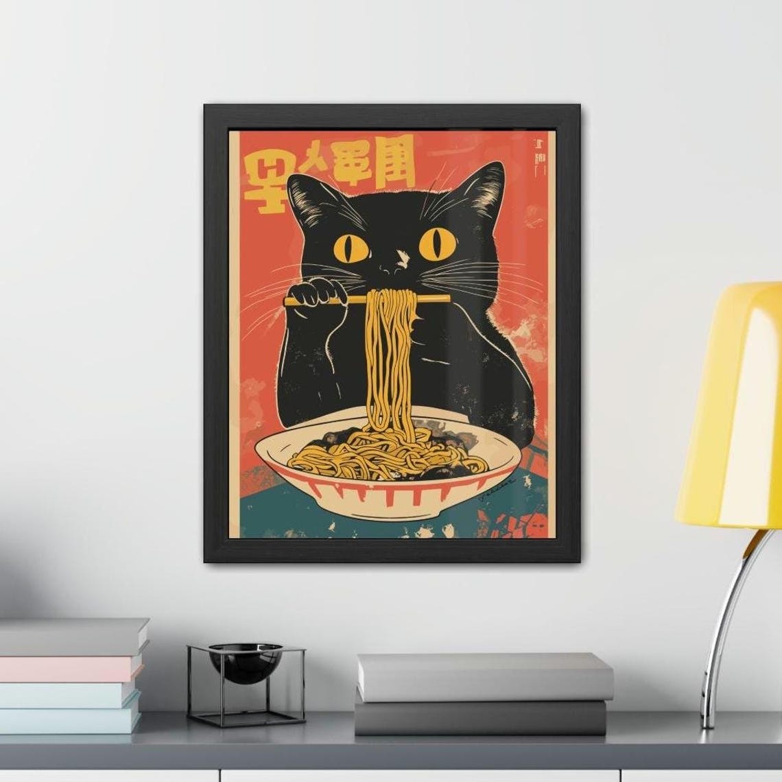 Black Cat Eating Ramen Noodles Retro Japanese Kitchen Wall Poster