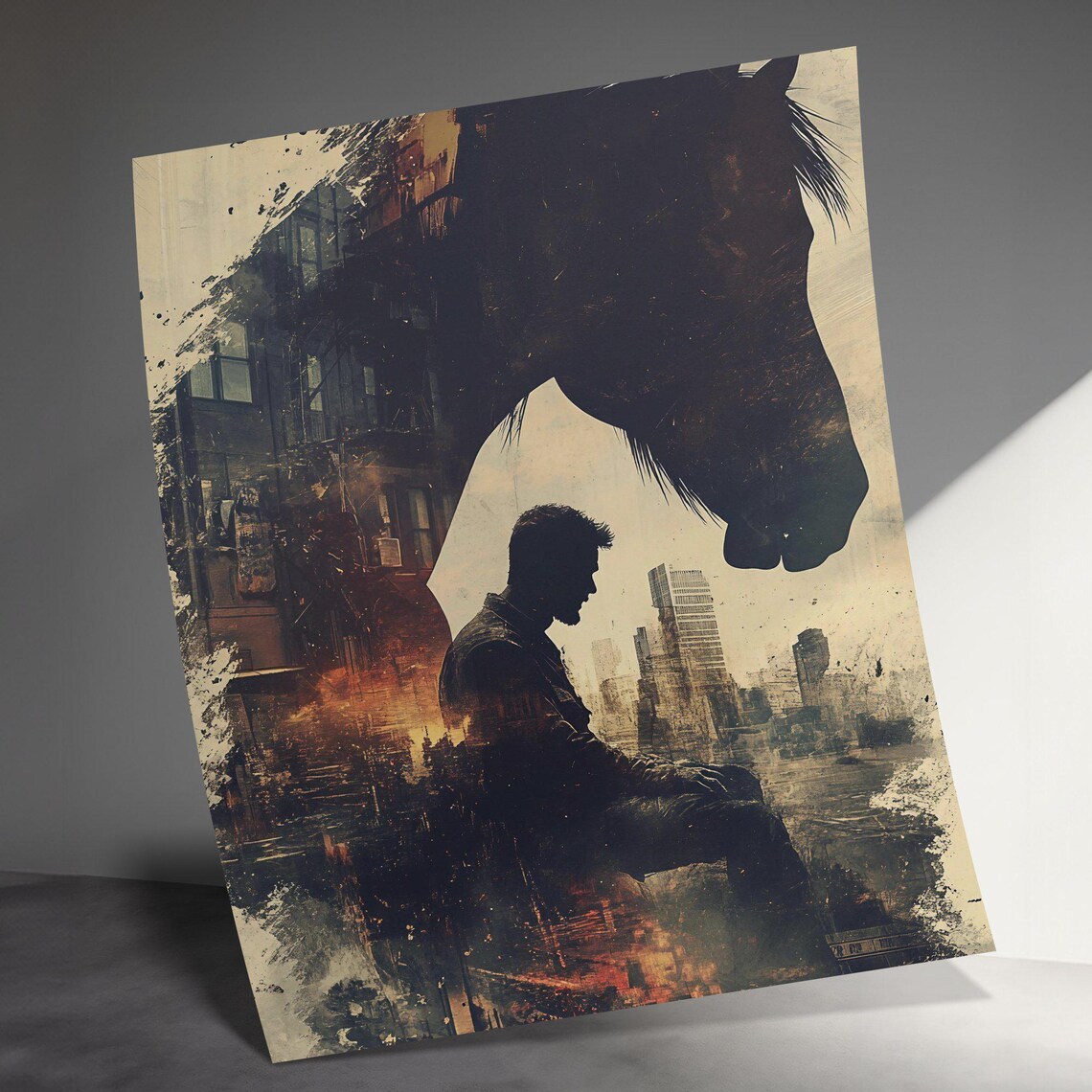 Horse And Cowboy Double Exposure City Sunset Moody Western Art Poster - Image 3