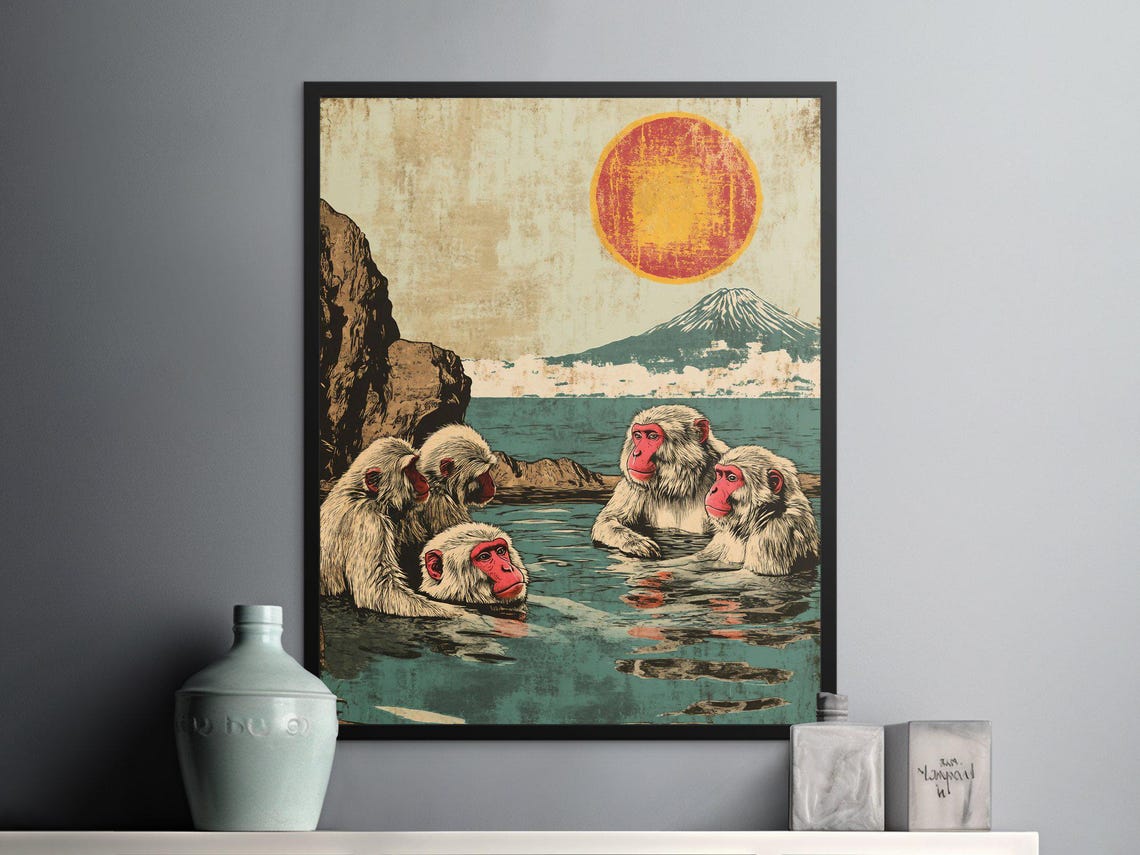Snow Monkeys Bathing Ocean Orange Sun Mount Fuji Retro Art Poster