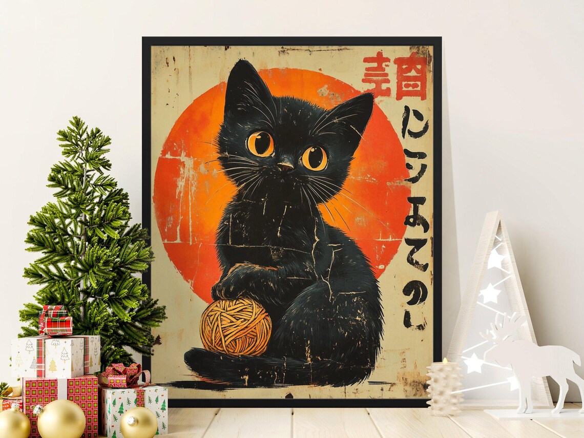 Black Kitten With Yarn Ball Rising Sun Japanese Vintage Style Cat Poster