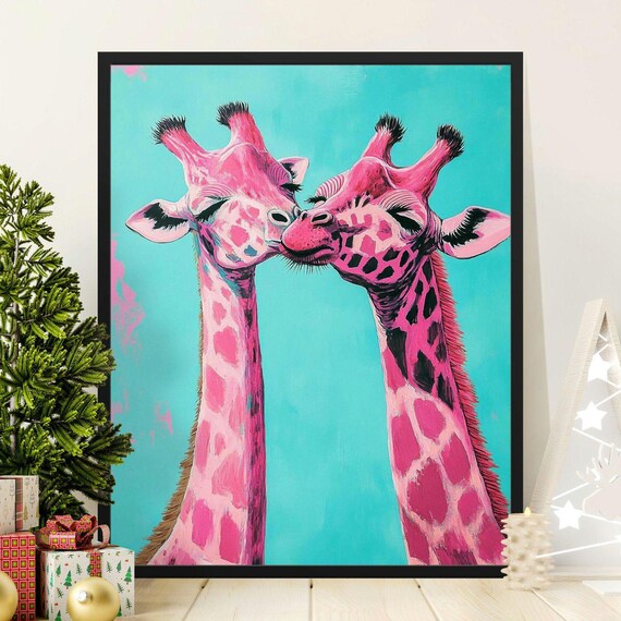 Pink Giraffes Kissing Whimsical Teal Nursery Wildlife Wall Art