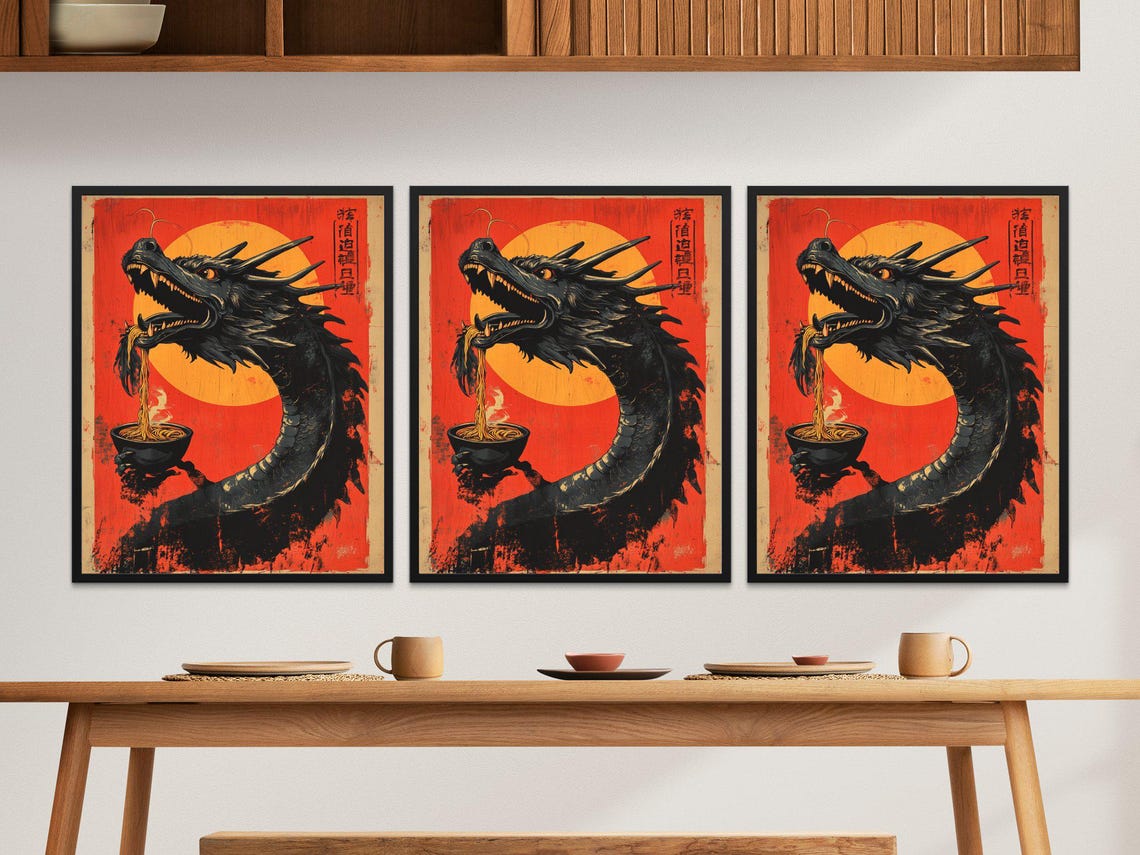 Fierce Black Dragon Eating Ramen Under Red Sun Japanese Art Poster - Image 2