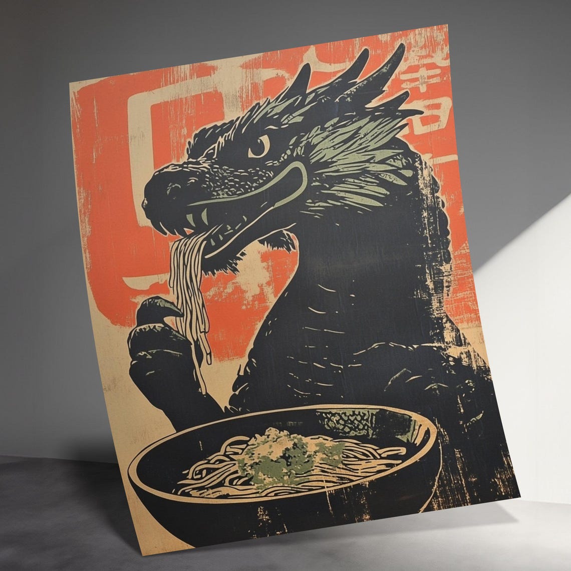 Black Dragon Eating Noodles Vintage Japanese Ramen Woodcut Art Poster - Image 3