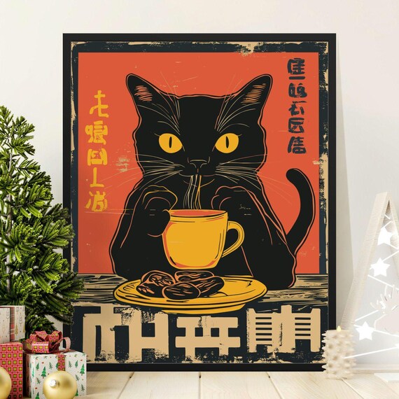 Black Cat Sipping Hot Tea Steaming Cup Retro Japanese Cat Poster