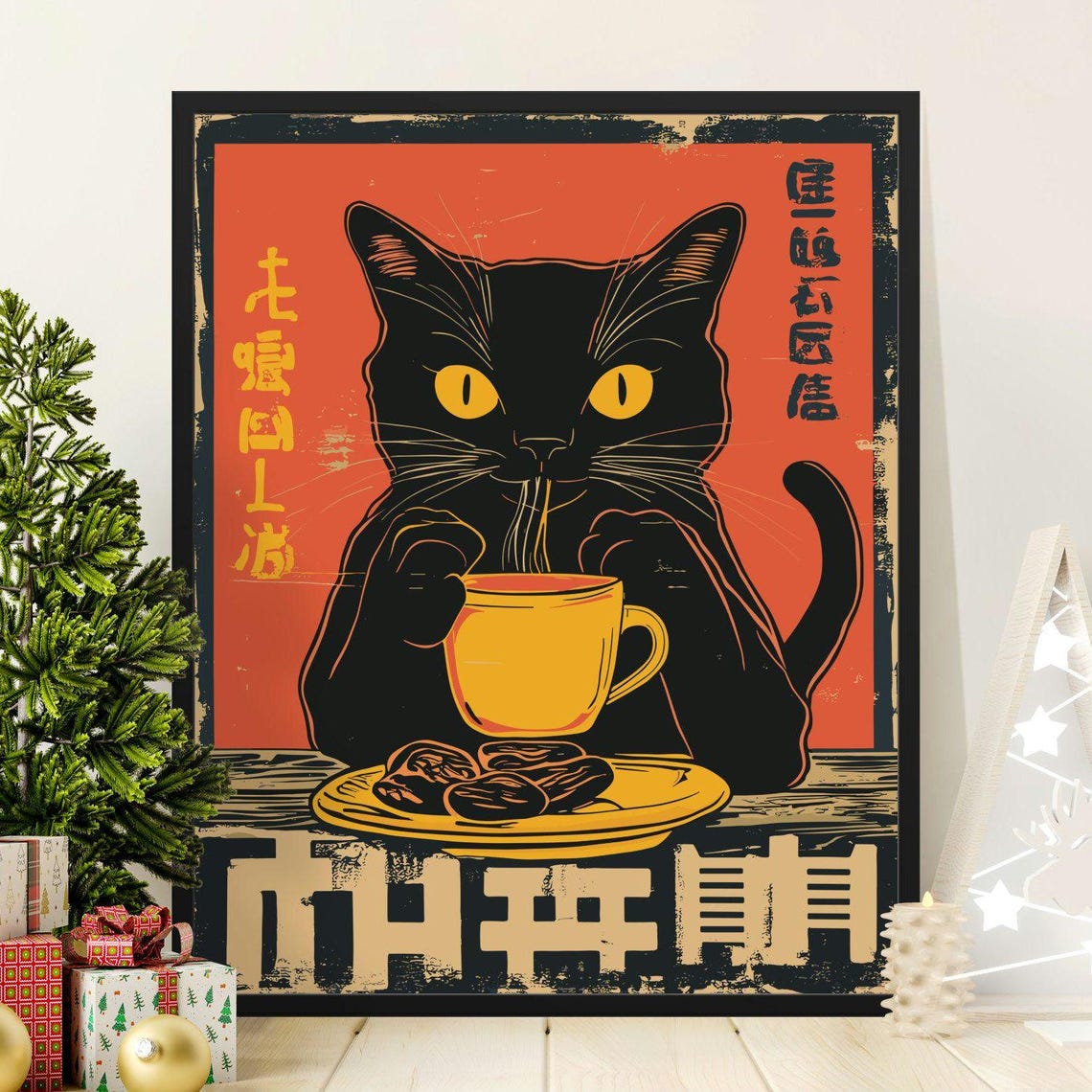Black Cat Sipping Hot Tea Steaming Cup Retro Japanese Cat Poster