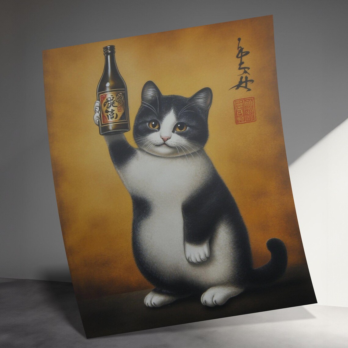 Tuxedo Cat Holding Sake Bottle Japanese Vintage Golden Poster - Image 3