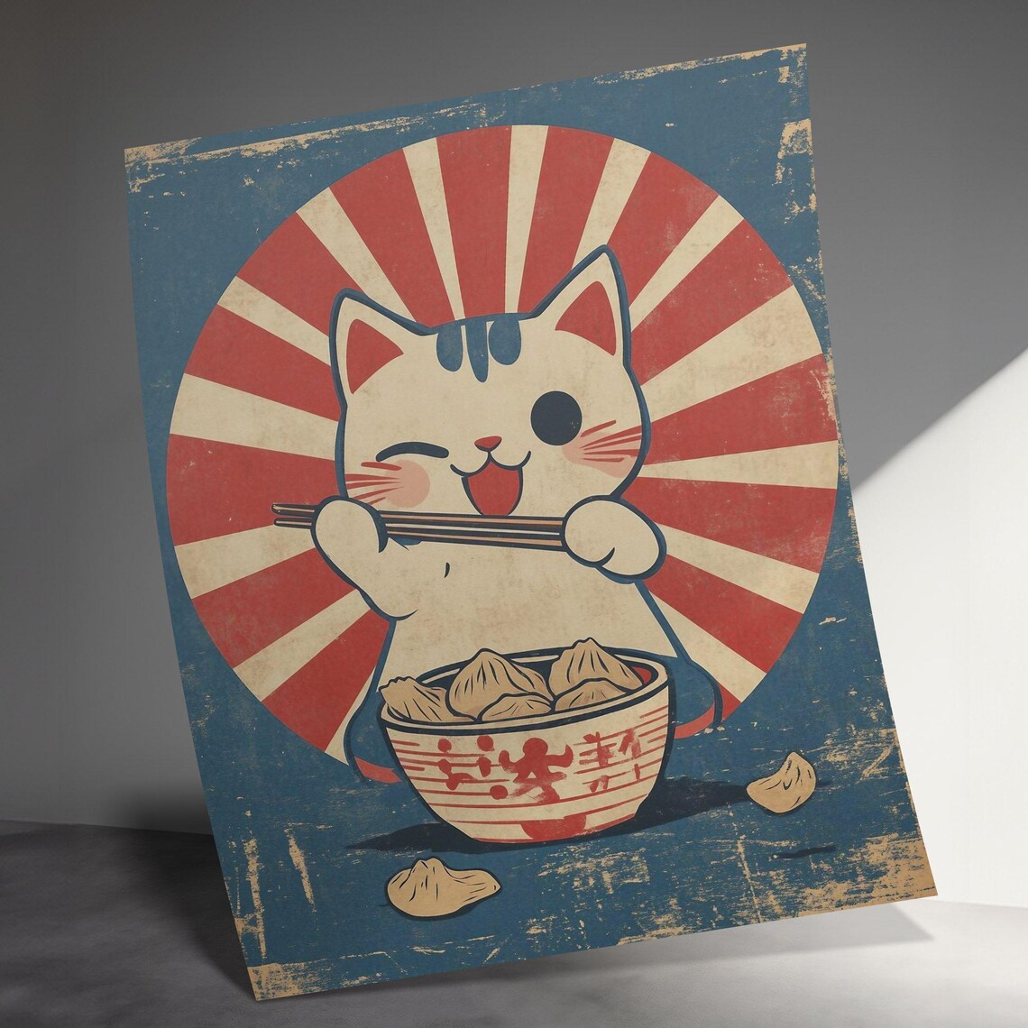 Kawaii Cat Eating Dumplings Rising Sun Retro Japanese Kitchen Wall Art - Image 3