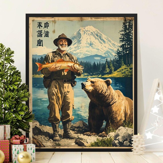 Fisherman Holding Giant Fish Beside Bear Vintage Mountain Lake Art Poster