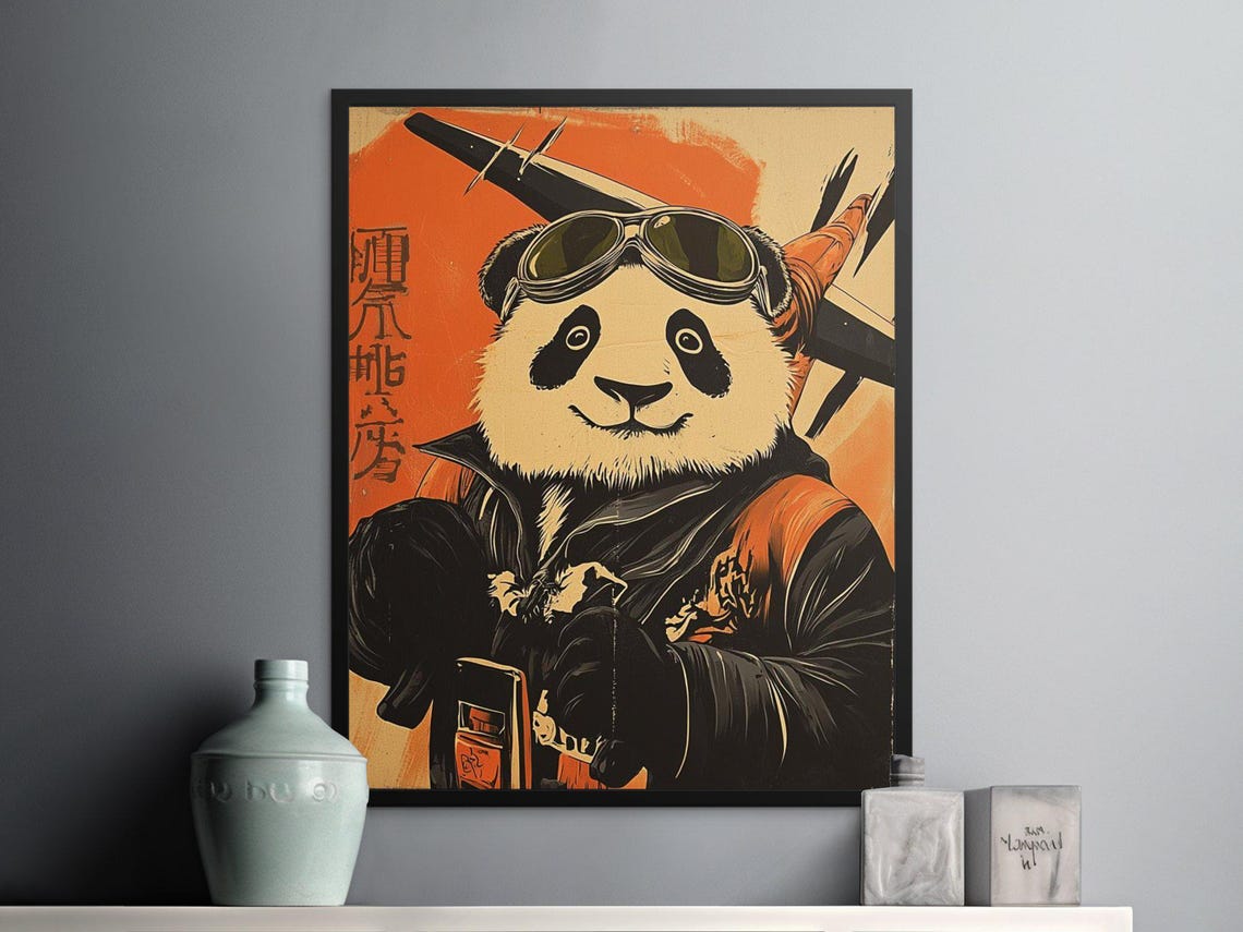 Panda Pilot With Goggles Vintage Aviator Orange Background Poster - Image 2