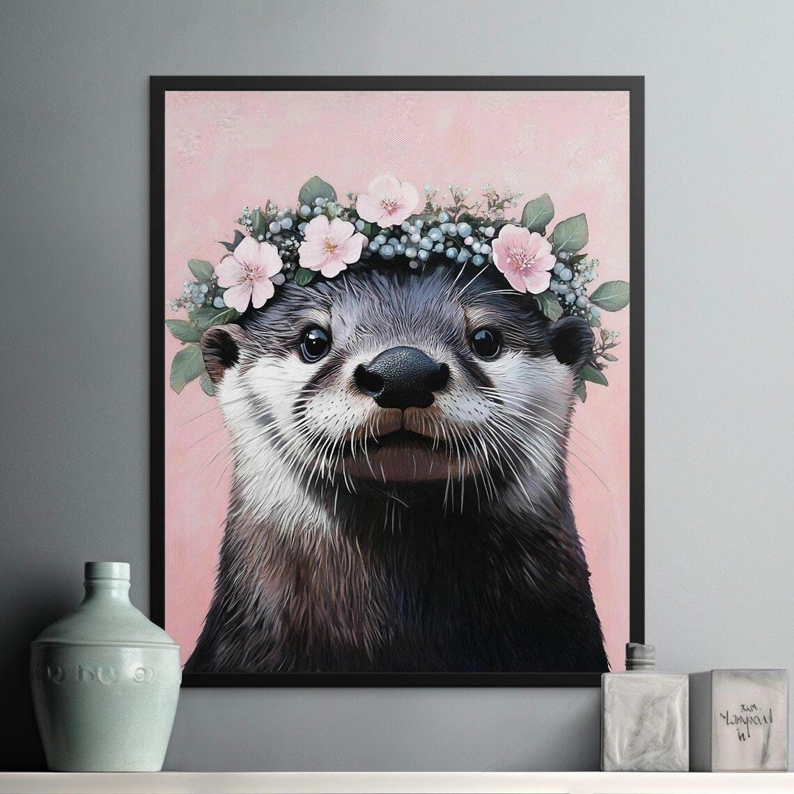 Otter With Pink Blossom Flower Crown on Pink Background Wall Art