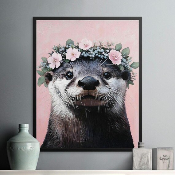 Otter With Pink Blossom Flower Crown on Pink Background Wall Art