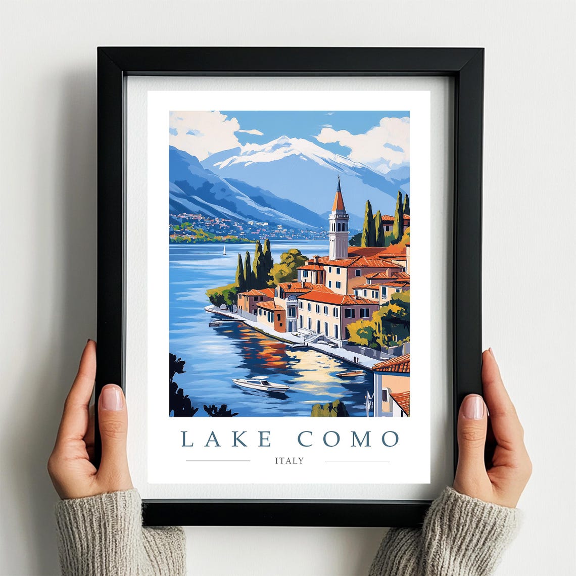 Lake Como Italy Lakeside Village with Bell Tower and Mountains Poster - Image 2