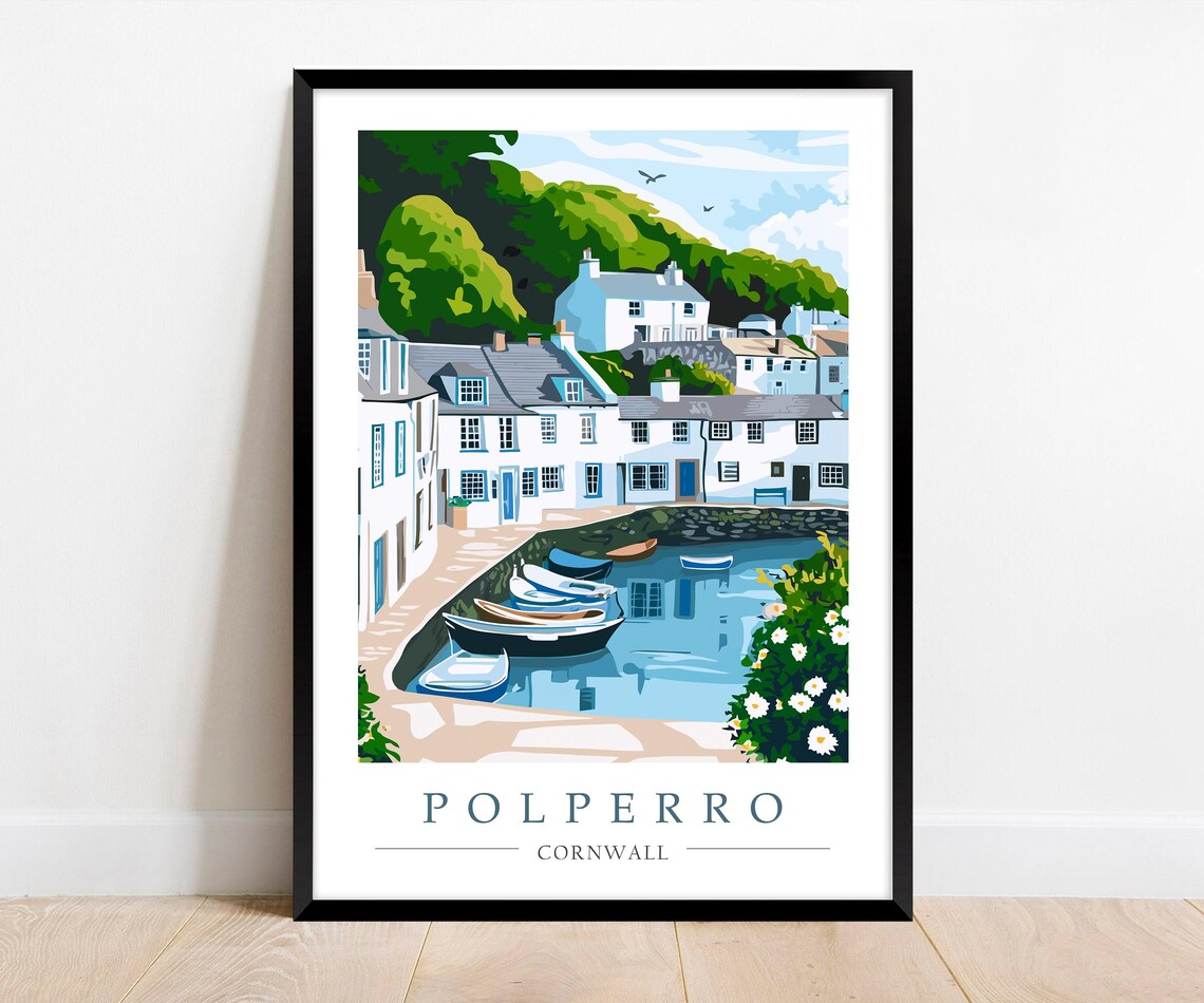 Polperro Harbour Cornwall Travel Poster, Cornish Fishing