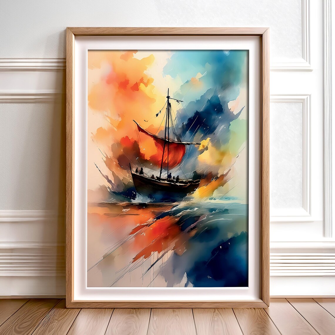 Vibrant Abstract Sailboat Watercolor, Nautical Art