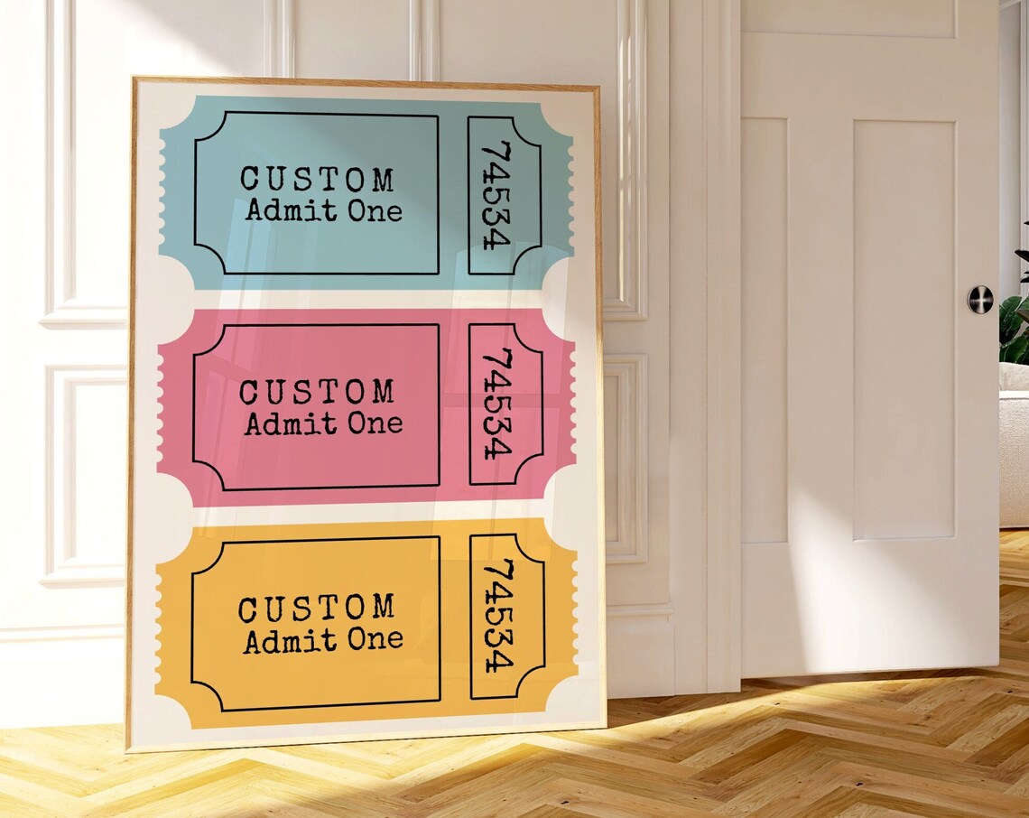 Custom Admit One Vintage Ticket Stubs Blue Pink Yellow Retro Poster