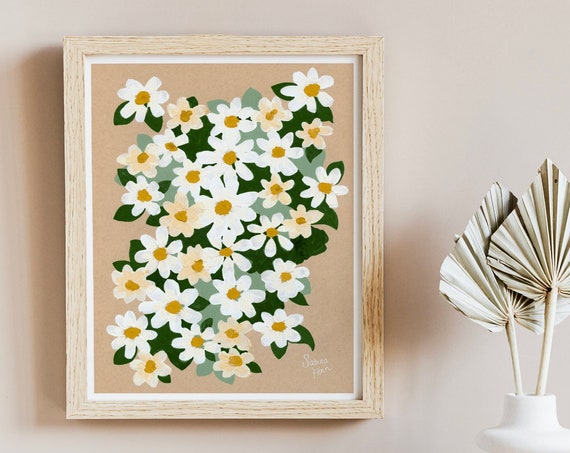 Daisy Field Gouache Art Print, Cottagecore Floral