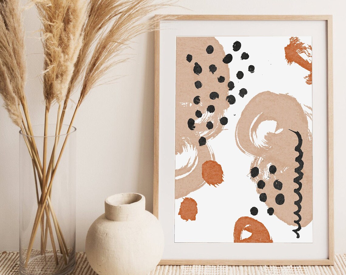 Mid Century Modern Abstract Watercolor Shapes Rust Beige Art Print