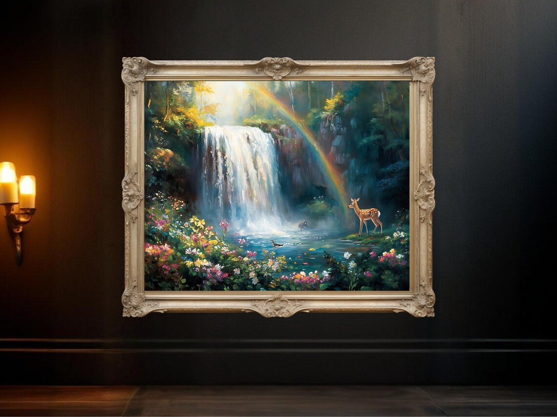 Waterfall Nature Scene With Deer And Rainbow, Poster