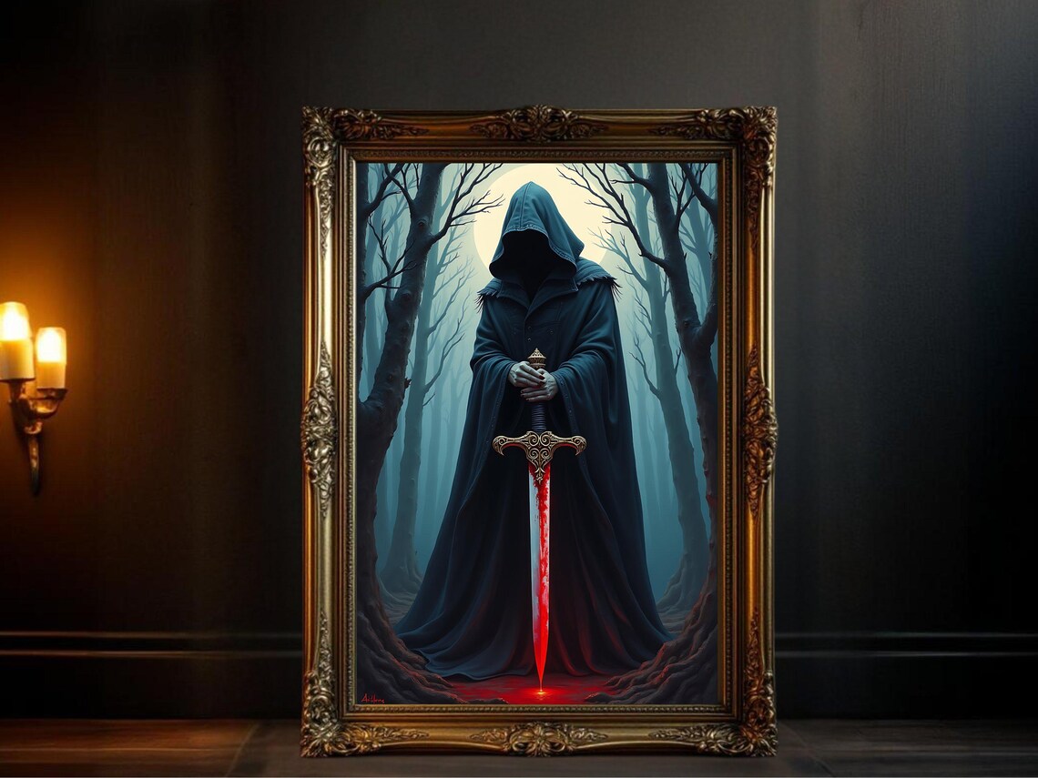 Dark Hooded Figure With Bloodied Sword, Gothic Horror