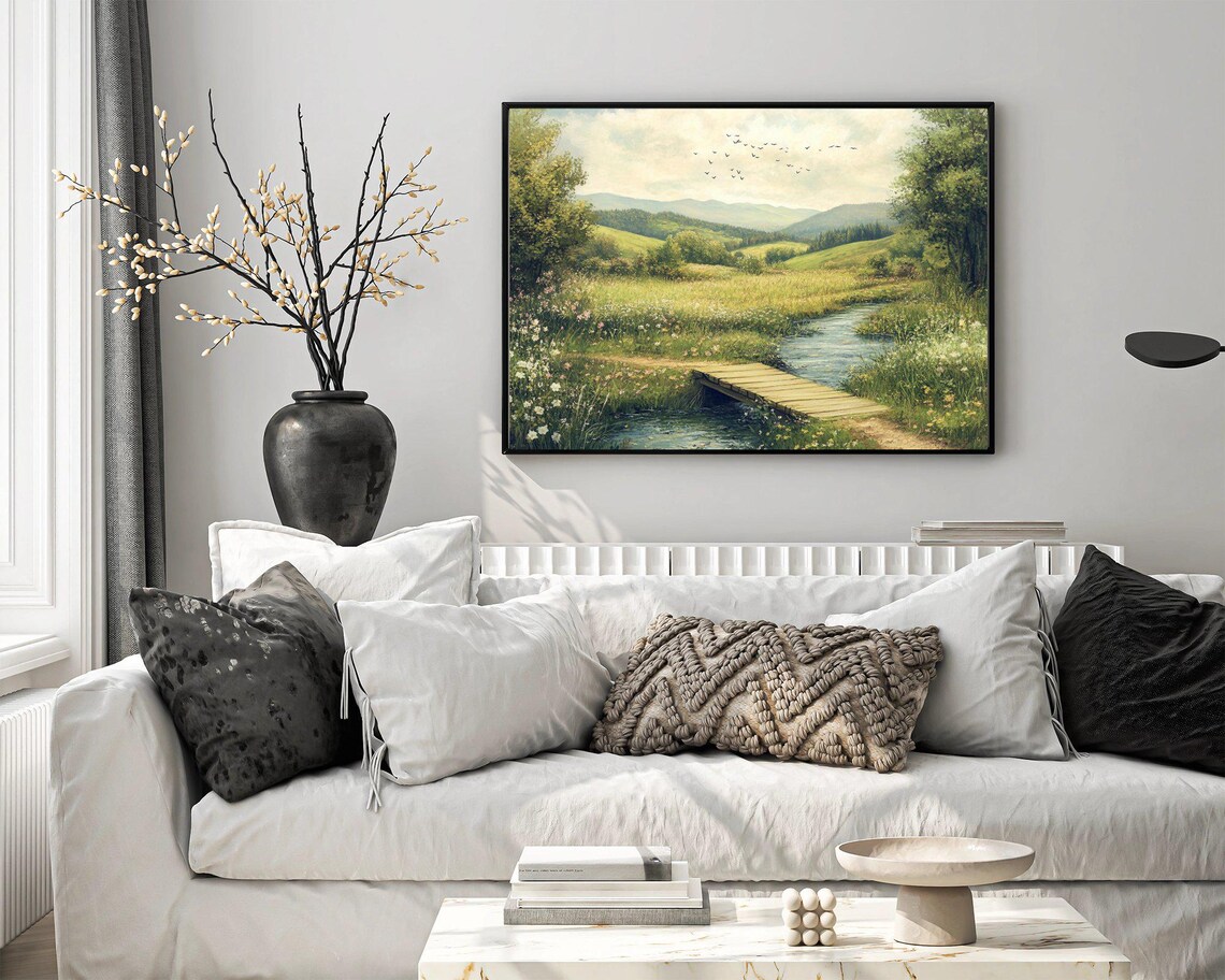 Serene Countryside River With Wooden Bridge, Art Print