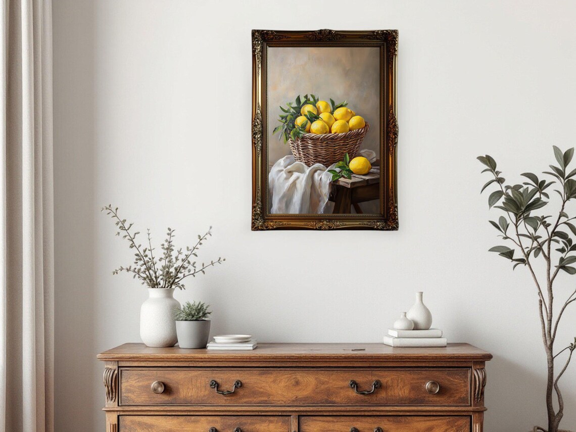Lemons In Basket Vintage Oil Painting, Kitchen Decor - Image 3