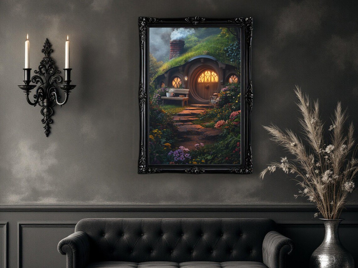 Cozy Hobbit House Fantasy Art Print, Rustic Landscape - Image 2