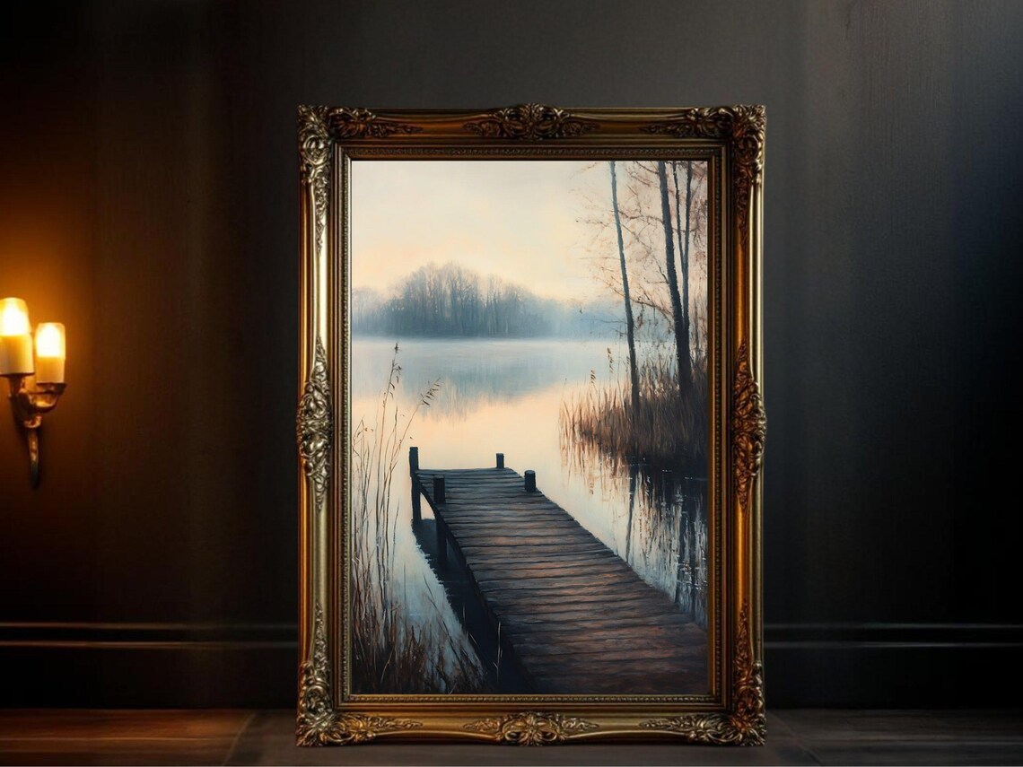 Serene Lakeside Dock, Tranquil Nature Landscape Art Print