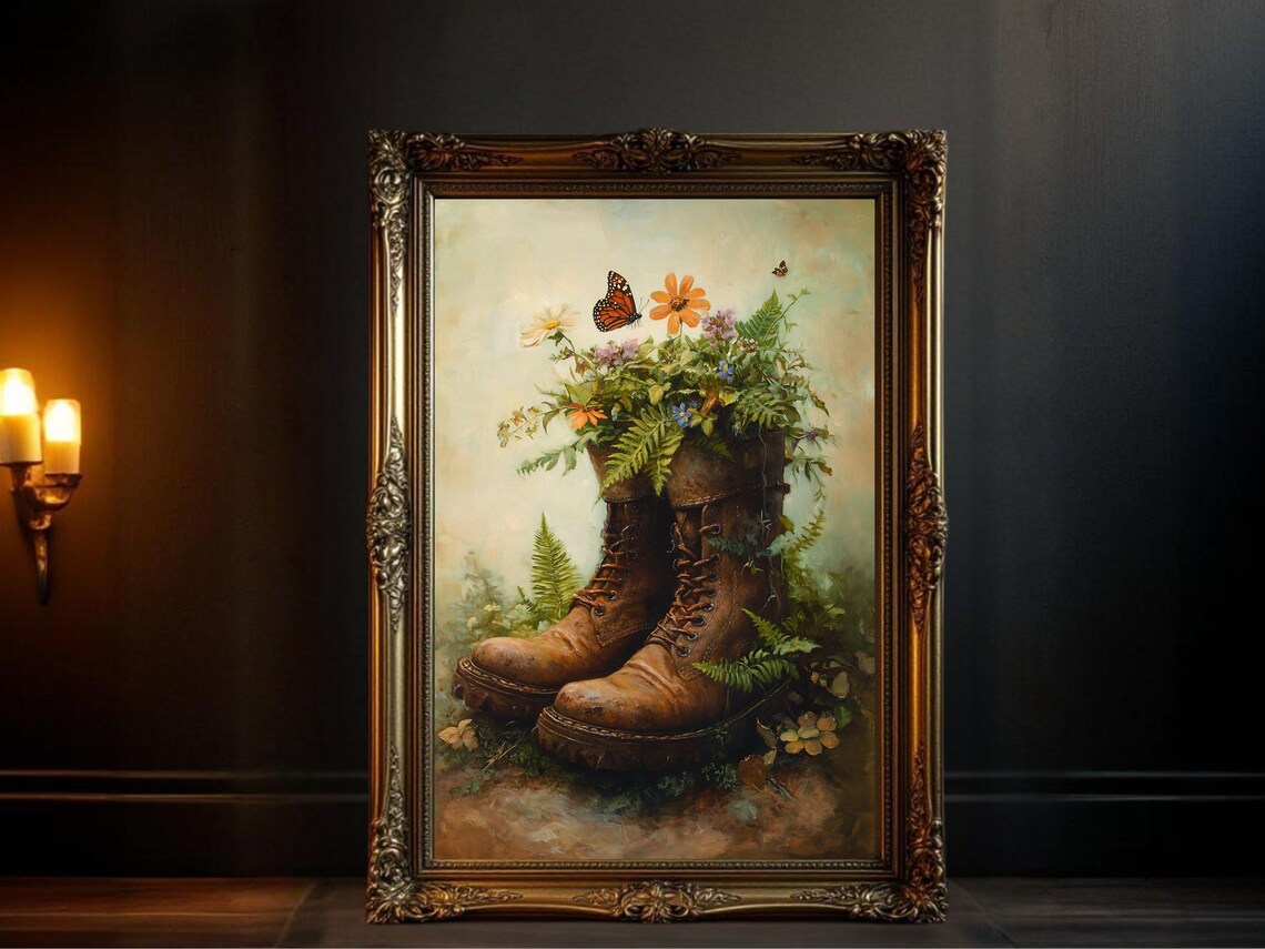 Vintage Oil Painting Floral Boots, Botanical Decor