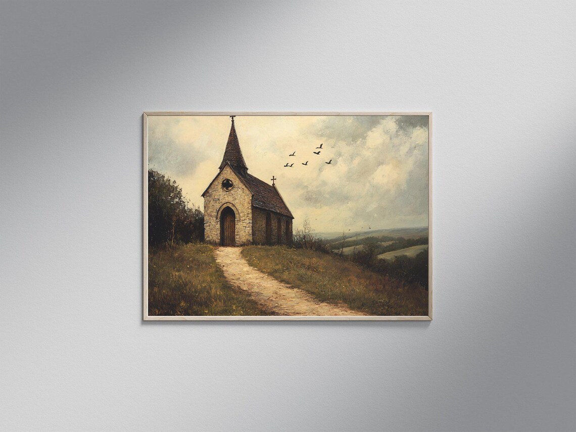 Vintage Church Landscape - Rustic Country Chapel Art Print