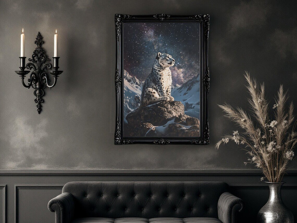 Snow Leopard Art Print, Starry Night Nature Decor - Image 3
