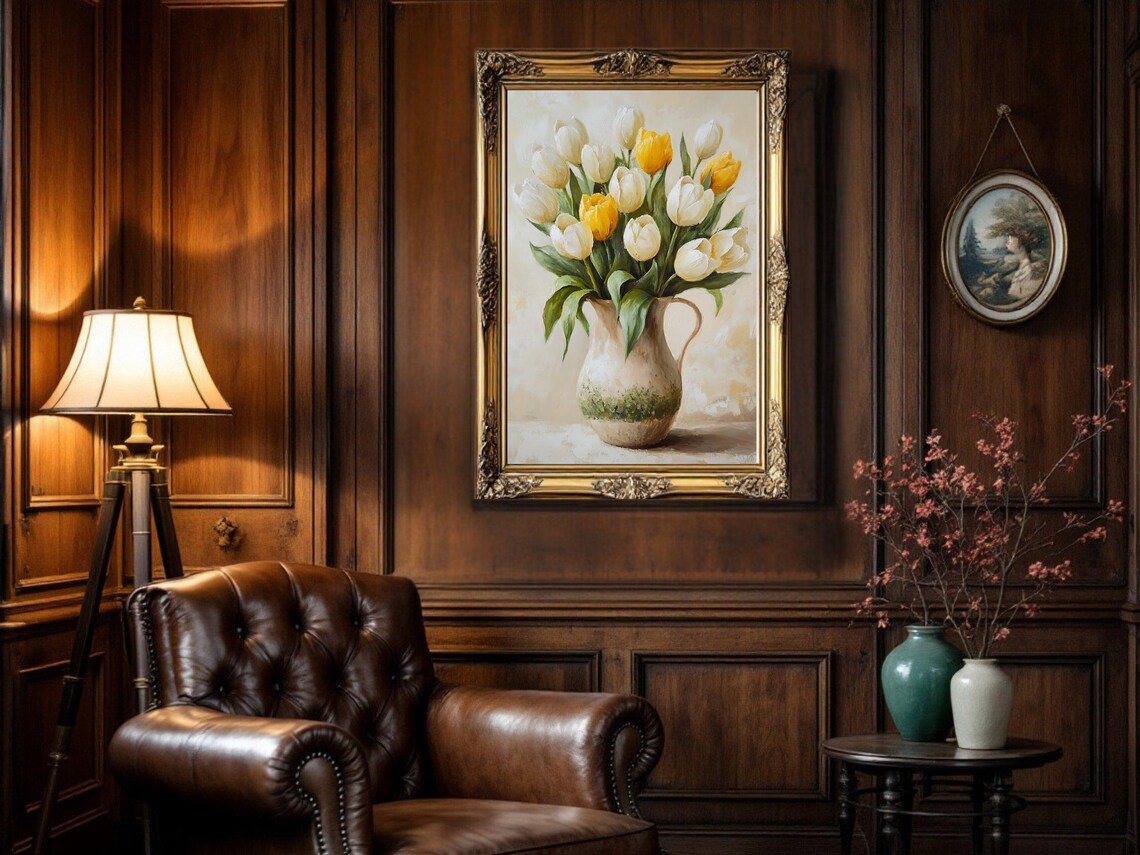 Tulip Bouquet in Rustic Vase, Vintage Oil Painting - Image 2