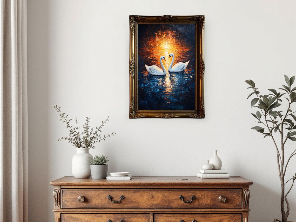Swan Couple at Sunset, Romantic Lake Scene Art Print - Image 3