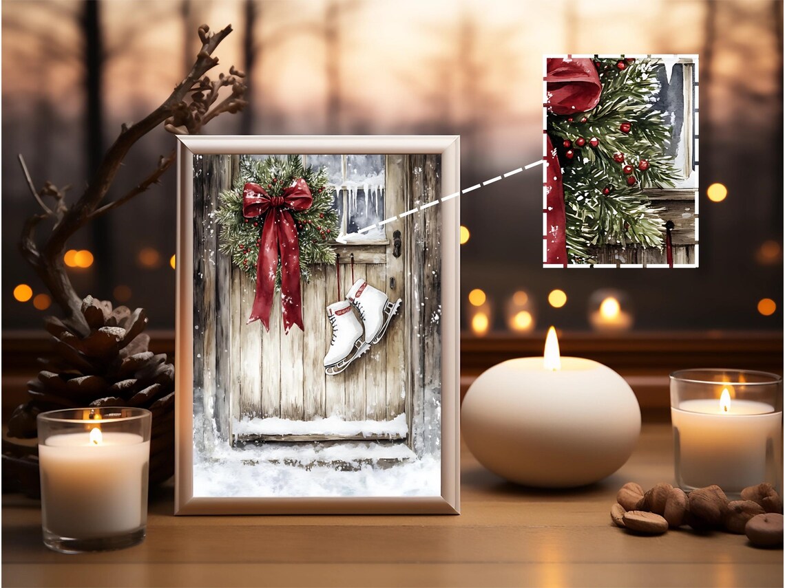 Rustic Christmas Door, Winter Wreath and Ice Skates - Image 2