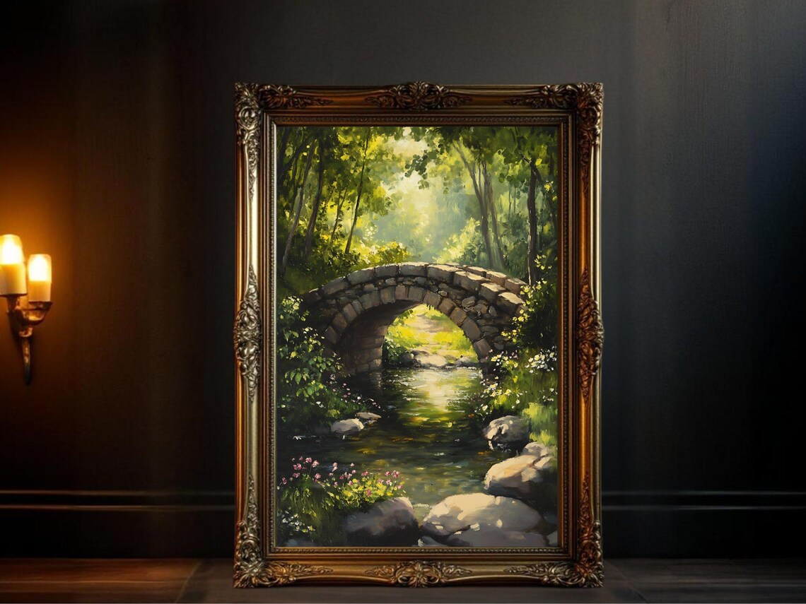 Stone Bridge Over Stream, Tranquil Forest Scenery