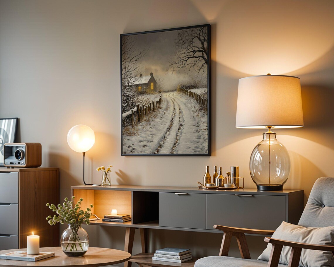 Winter Snowy Cottage Path, Rustic Scenic Art Print - Image 3