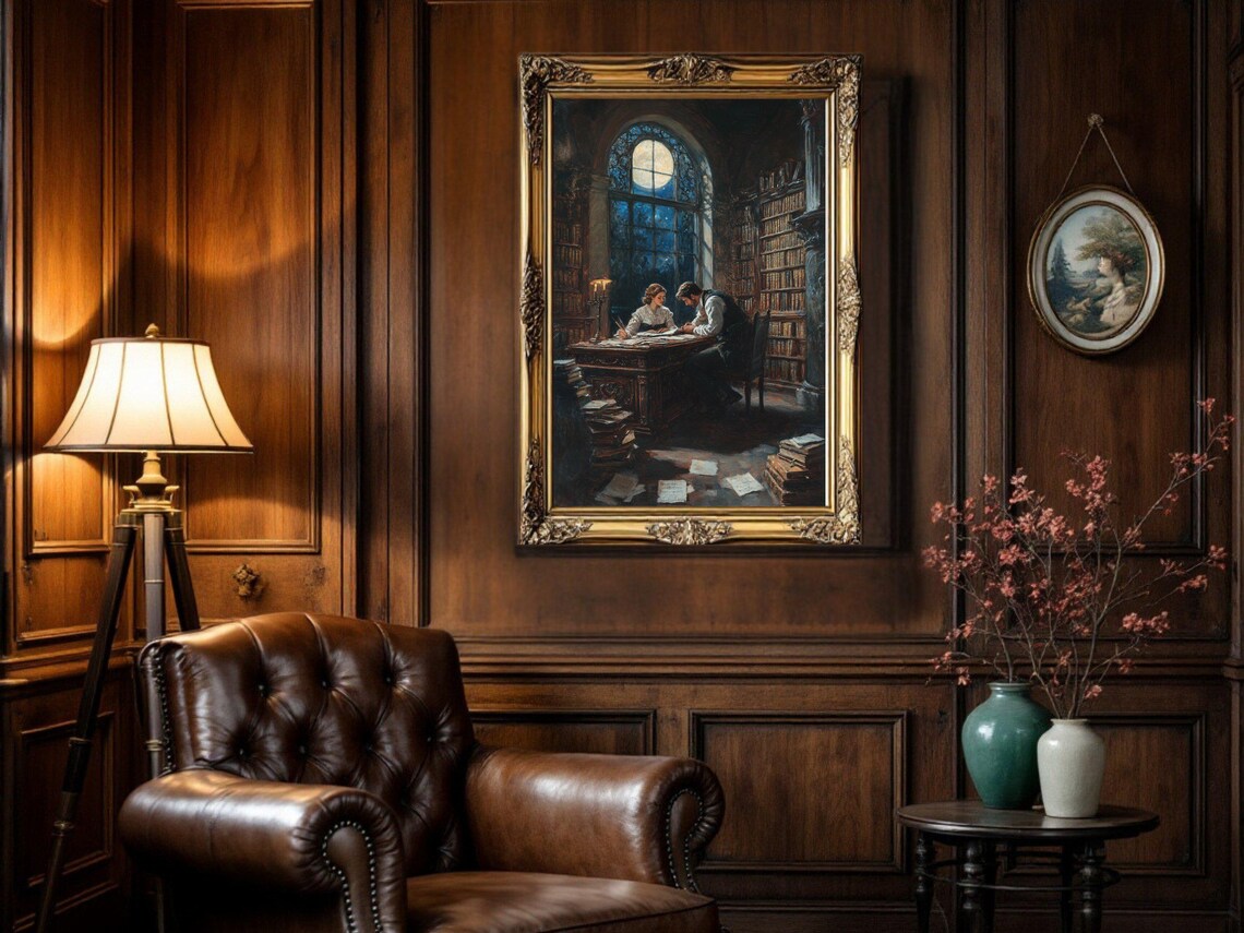 Dark Academia Vintage Library Scene, Cozy Study Decor - Image 2