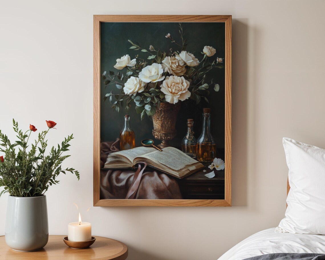Vintage Floral Book Still Life, Rustic Botanical Painting - Image 3