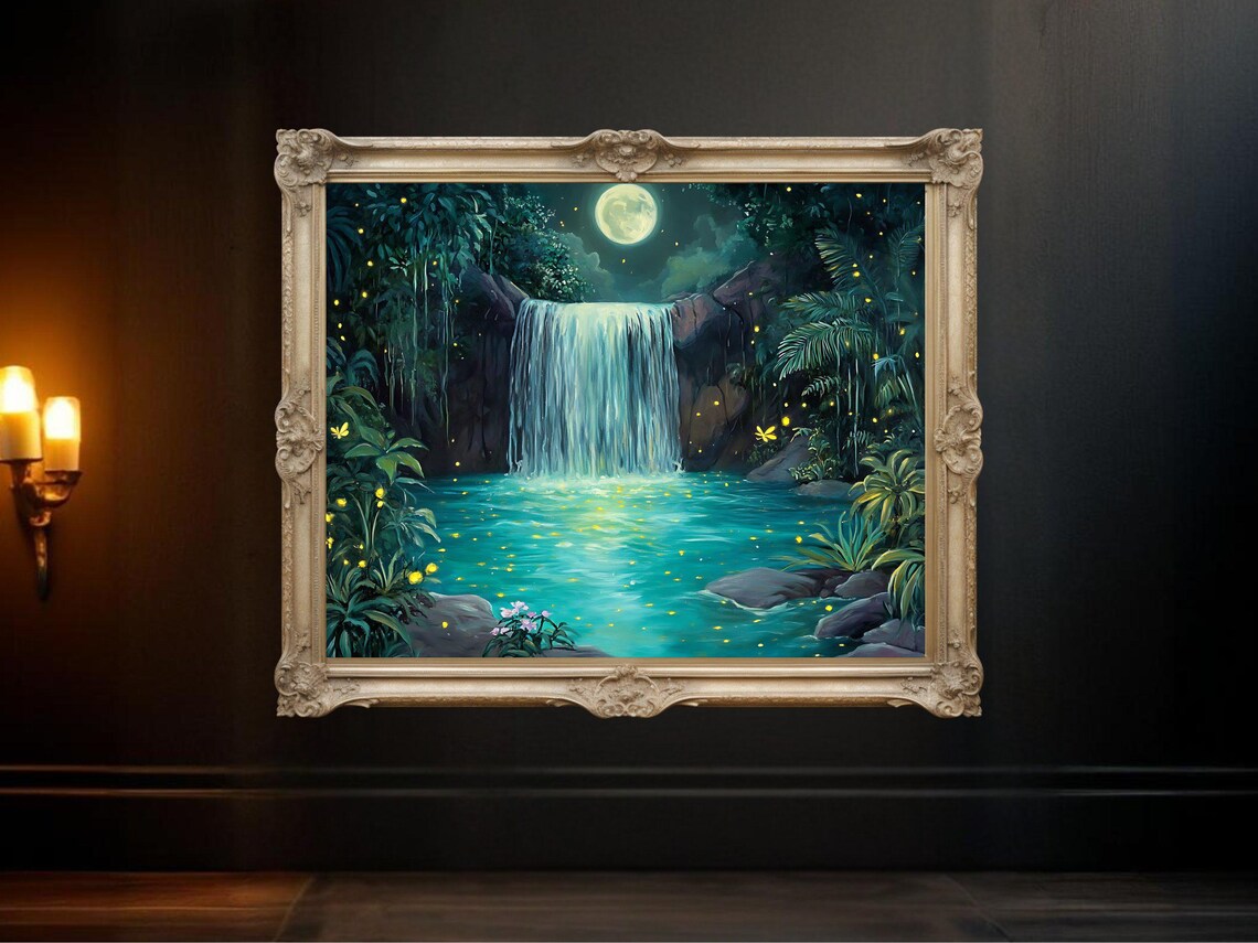 Moonlit Waterfall, Magical Fireflies Art Print
