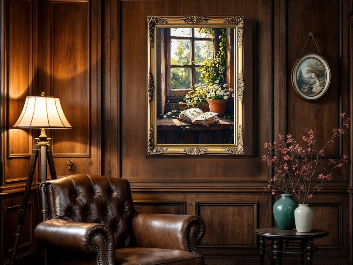 Window Scene With Flowers, Vintage Oil Painting - Image 2