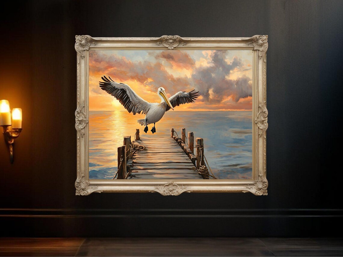Pelican Ocean Sunset Art Print, Coastal Decor