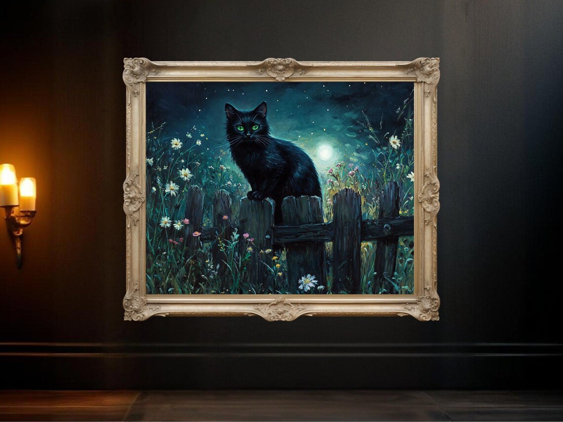 Black Cat Nocturnal Garden Moonlit Night Fence