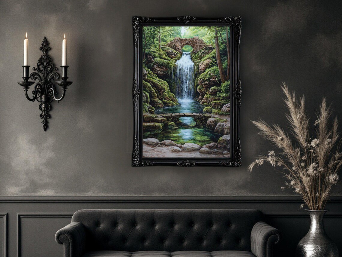 Scenic Waterfall Landscape, Rustic Bridge Nature Art - Image 2