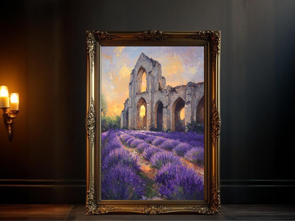 Vintage Castle Ruins Art Print, Lavender Field Sunset