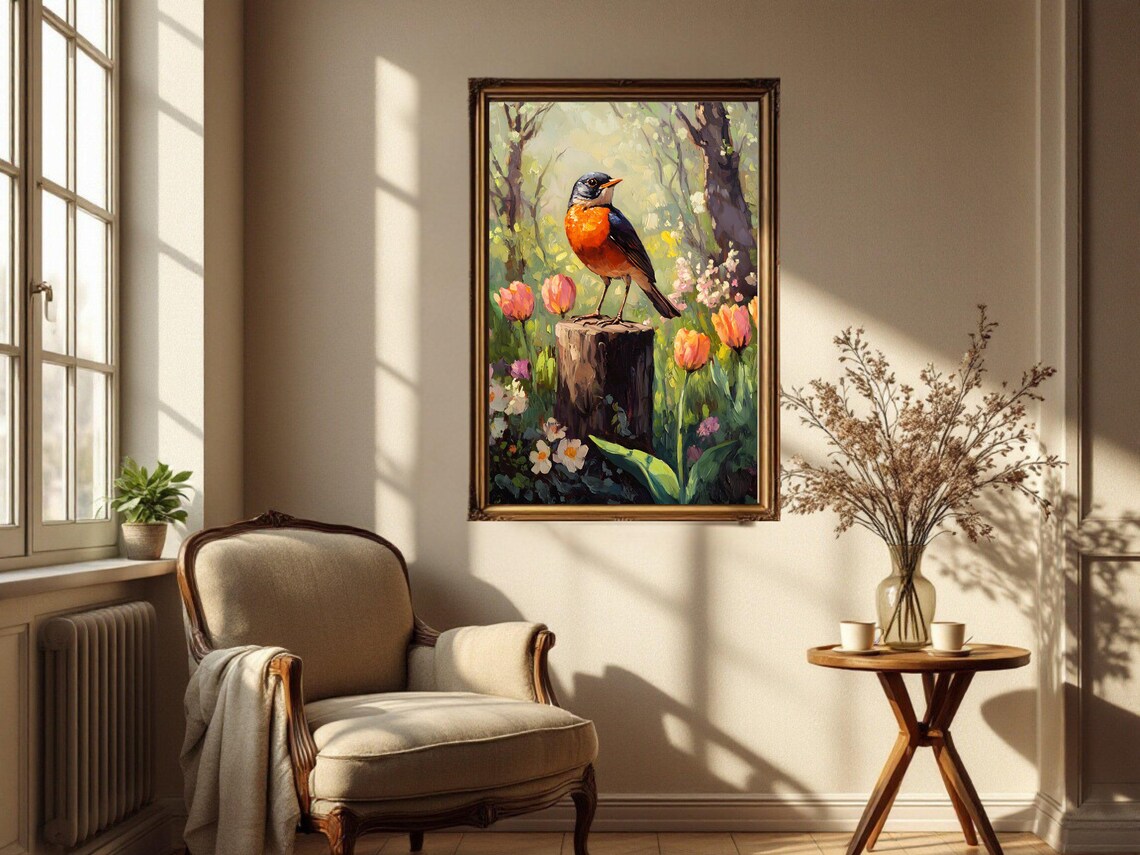 Colorful Robin Bird Art Print, Floral Garden Scene - Image 2