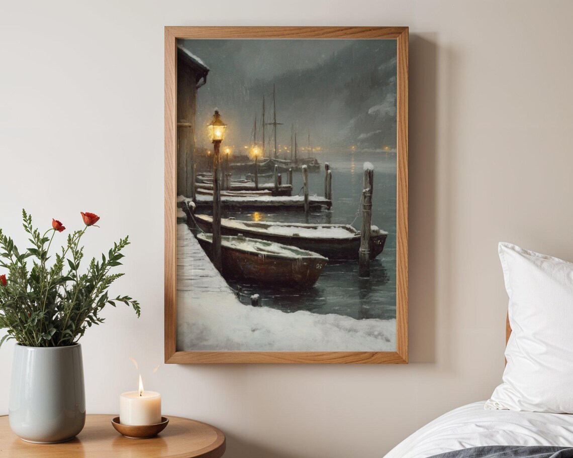 Winter Harbor Scene, Snowy Dock Nautical Landscape