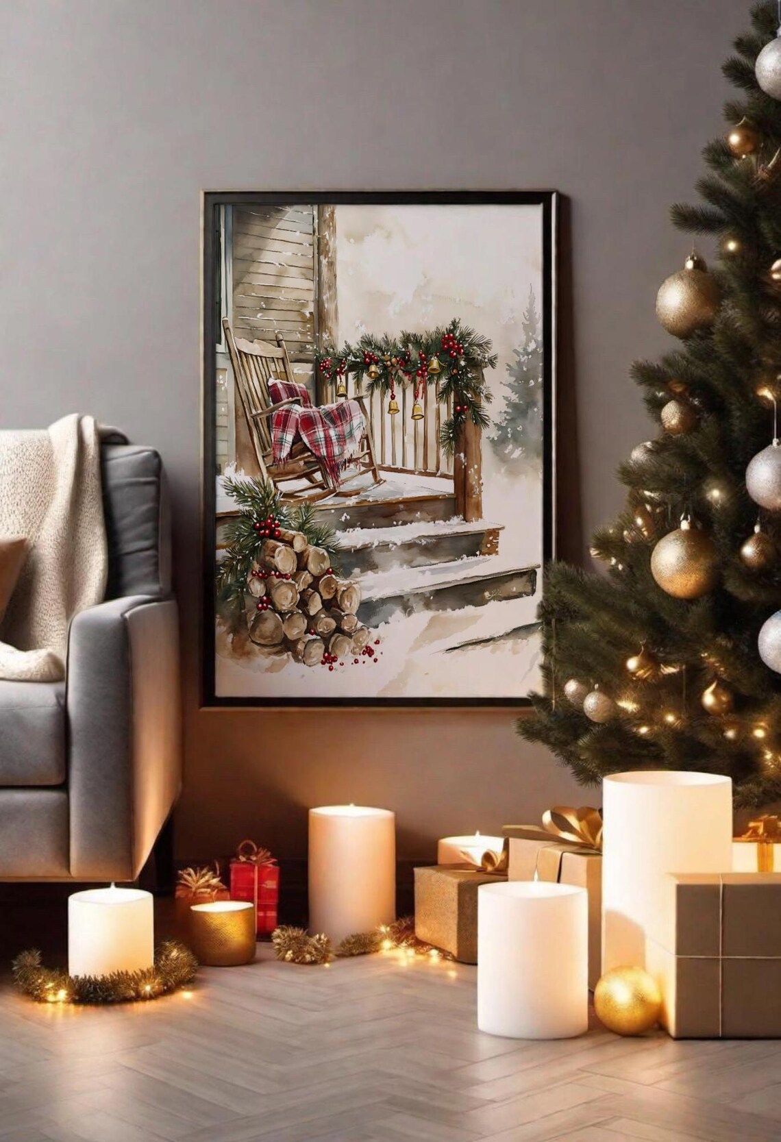 Festive Winter Porch, Rustic Christmas Scene - Image 2
