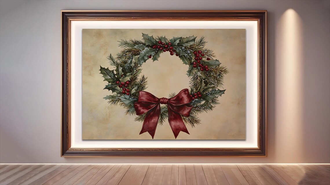 Vintage Holly Wreath - Rustic Holiday Artwork - Image 3